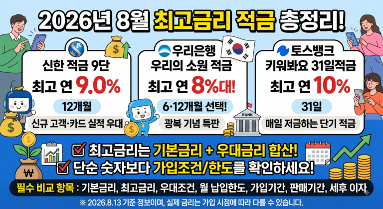 2026년 8월 최고금리 적금 총정리｜신한 적금 9단부터 우리은행 우리의 소원 적금까지