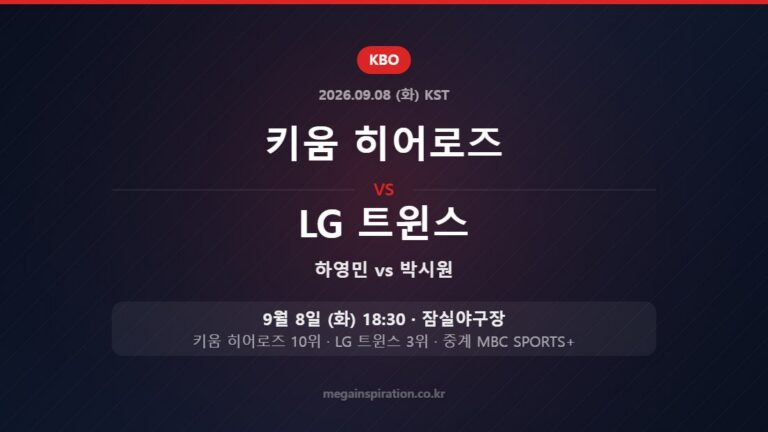 키움 히어로즈 하영민 vs LG 트윈스 박시원 — 한국시간 9월 8일 잠실야구장