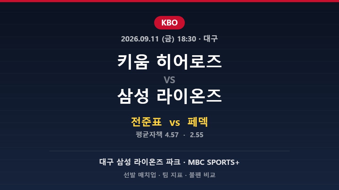 키움 히어로즈 vs 삼성 라이온즈 2026년 9월 11일 KBO 분석
