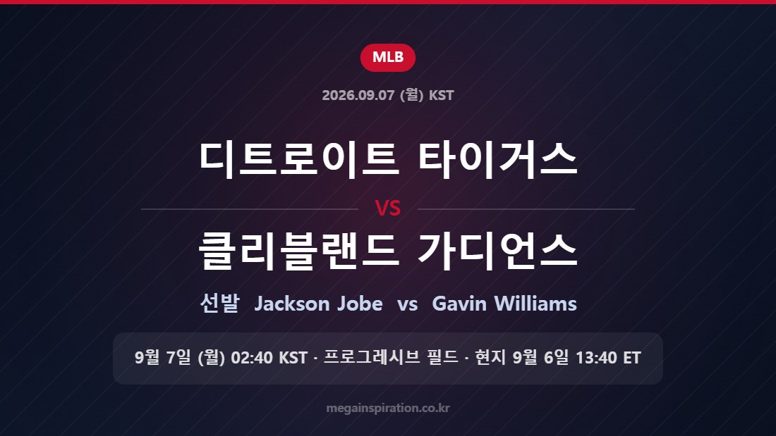 디트로이트 타이거스 Jackson Jobe vs 클리블랜드 가디언스 Gavin Williams — 한국시간 9월 7일 프로그레시브 필드