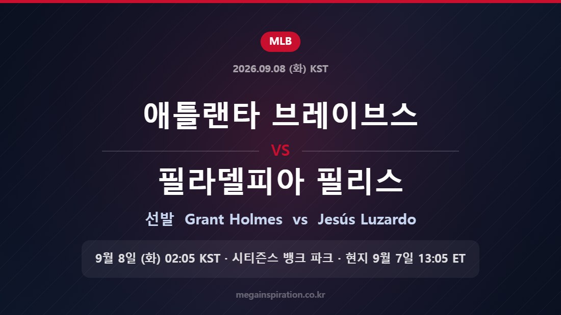 애틀랜타 브레이브스 Grant Holmes vs 필라델피아 필리스 Jesús Luzardo — 한국시간 9월 8일 시티즌스 뱅크 파크