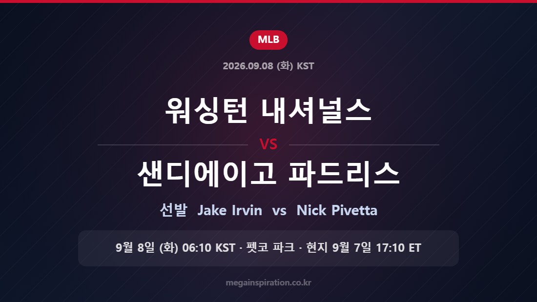 워싱턴 내셔널스 Jake Irvin vs 샌디에이고 파드리스 Nick Pivetta — 한국시간 9월 8일 펫코 파크