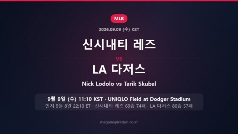 신시내티 레즈 Nick Lodolo vs LA 다저스 Tarik Skubal — 한국시간 9월 9일 UNIQLO Field at Dodger Stadium