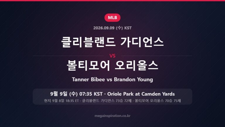 클리블랜드 가디언스 Tanner Bibee vs 볼티모어 오리올스 Brandon Young — 한국시간 9월 9일 Oriole Park at Camden Yards