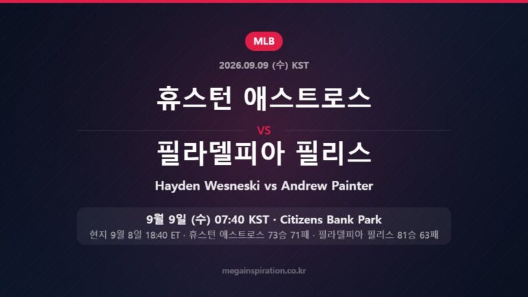 휴스턴 애스트로스 Hayden Wesneski vs 필라델피아 필리스 Andrew Painter — 한국시간 9월 9일 Citizens Bank Park