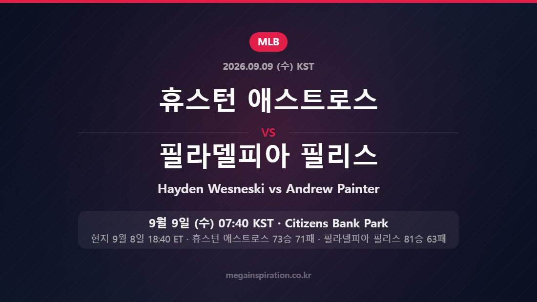 휴스턴 애스트로스 vs 필라델피아 필리스 MLB 9월 9일 Citizens Bank Park