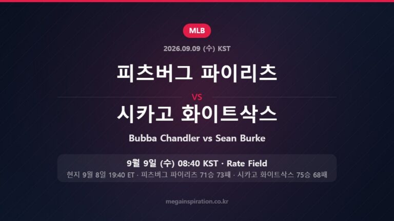 피츠버그 파이리츠 Bubba Chandler vs 시카고 화이트삭스 Sean Burke — 한국시간 9월 9일 Rate Field