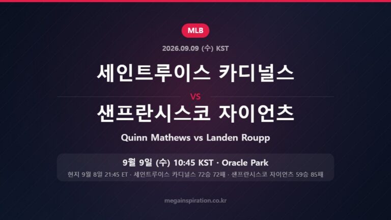 세인트루이스 카디널스 Quinn Mathews vs 샌프란시스코 자이언츠 Landen Roupp — 한국시간 9월 9일 Oracle Park