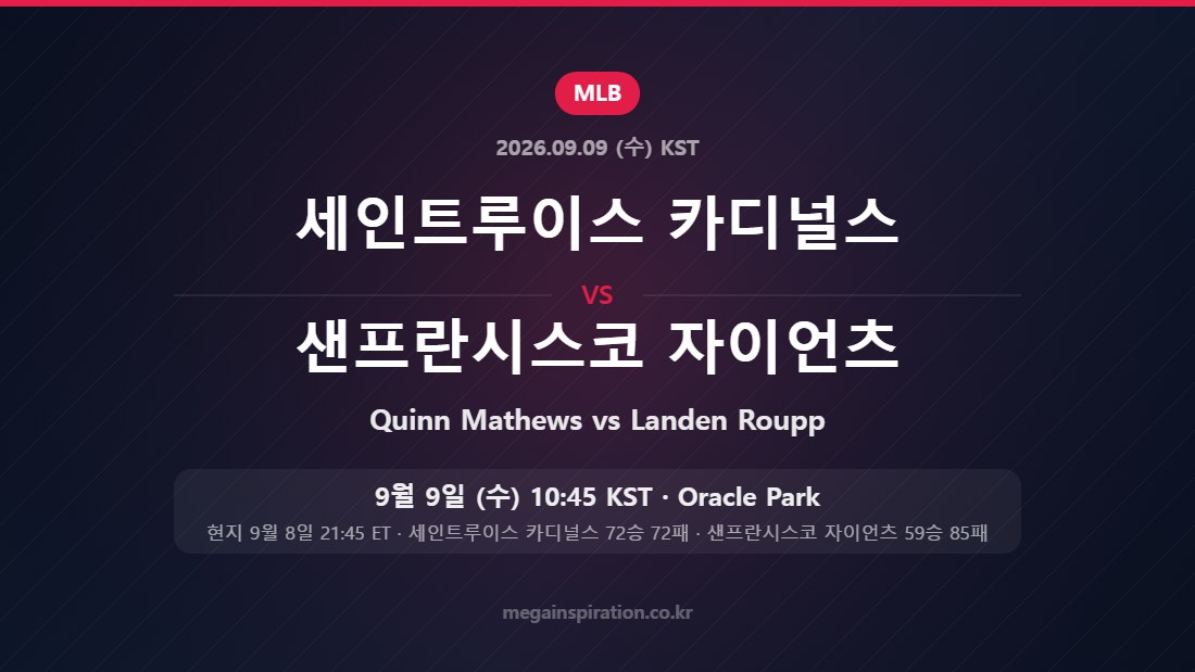 세인트루이스 카디널스 Quinn Mathews vs 샌프란시스코 자이언츠 Landen Roupp — 한국시간 9월 9일 Oracle Park