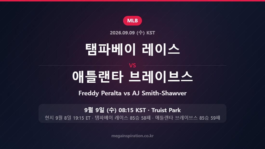 탬파베이 레이스 Freddy Peralta vs 애틀랜타 브레이브스 AJ Smith-Shawver — 한국시간 9월 9일 Truist Park