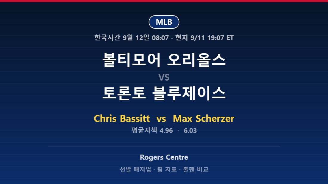 볼티모어 오리올스 vs 토론토 블루제이스 2026년 9월 11일 MLB 분석