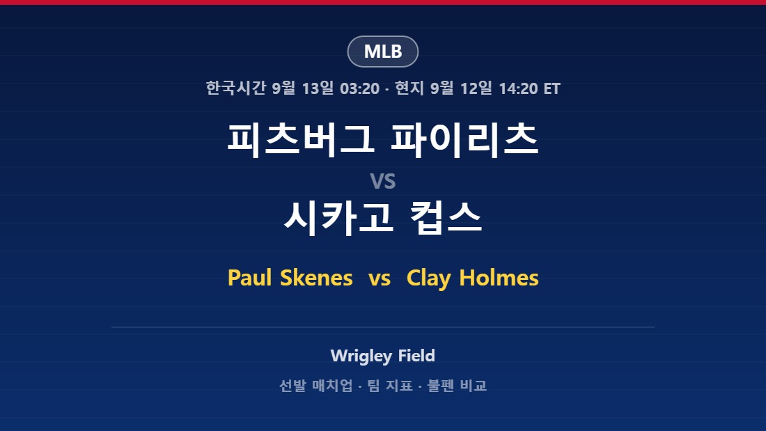 2026년 9월 12일 MLB 피츠버그 파이리츠 vs 시카고 컵스 분석