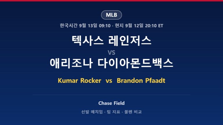 2026년 9월 12일 MLB 텍사스 레인저스 vs 애리조나 다이아몬드백스 분석