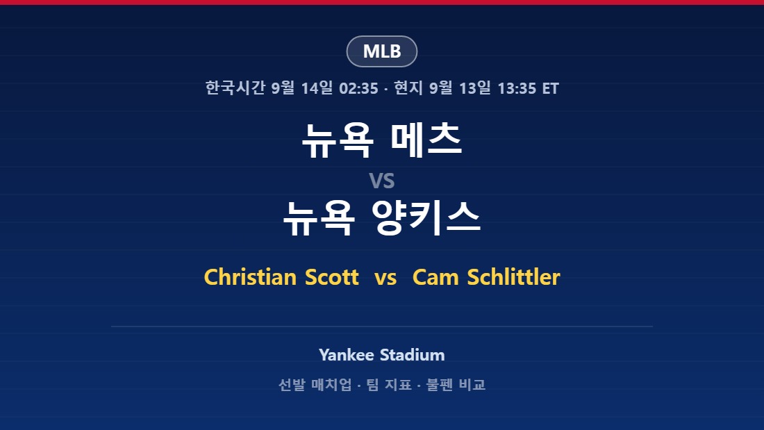 뉴욕 메츠 vs 뉴욕 양키스 2026년 9월 13일 (일) MLB 분석