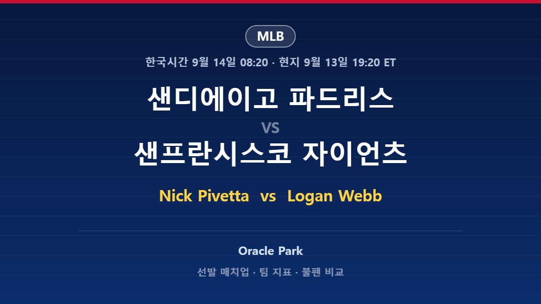 샌디에이고 파드리스 vs 샌프란시스코 자이언츠 2026년 9월 13일 (일) MLB 분석