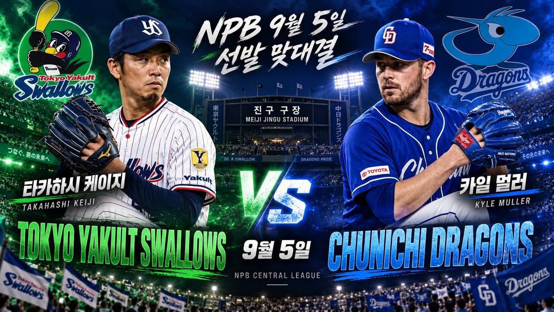 주니치 드래건스 카일 멀러 vs 도쿄 야쿠르트 스왈로스 타카하시 케이지 — 2026년 9월 5일 메이지진구 구장