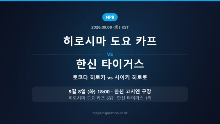 히로시마 도요 카프 토코다 히로키 vs 한신 타이거스 사이키 히로토 — 한국시간 9월 8일 한신 고시엔 구장