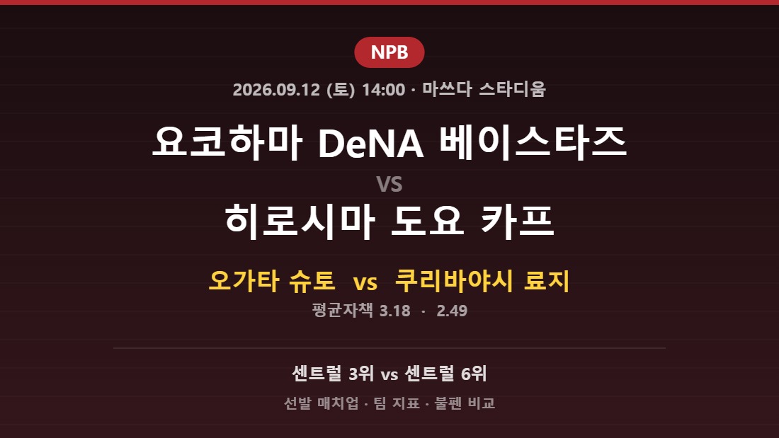 2026년 9월 12일 NPB 요코하마 DeNA 베이스타즈 vs 히로시마 도요 카프 분석
