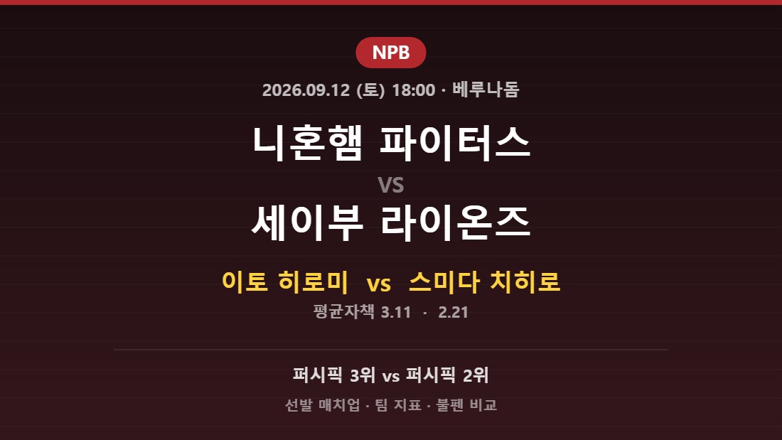 2026년 9월 12일 NPB 니혼햄 파이터스 vs 세이부 라이온즈 분석