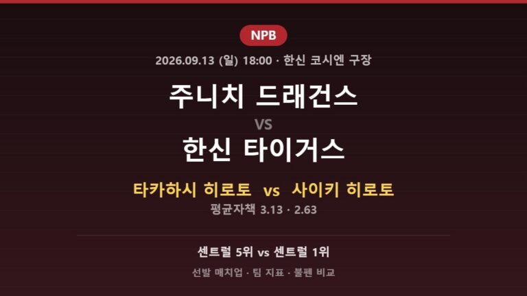주니치 드래건스 vs 한신 타이거스 NPB 분석