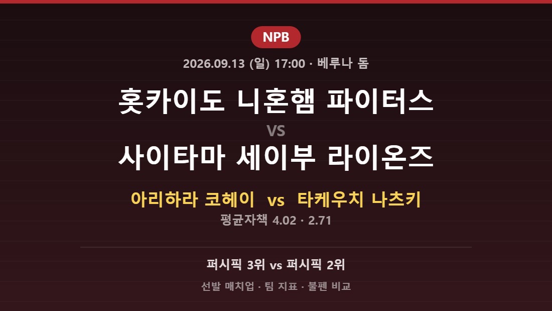 홋카이도 니혼햄 파이터스 vs 사이타마 세이부 라이온즈 NPB 분석
